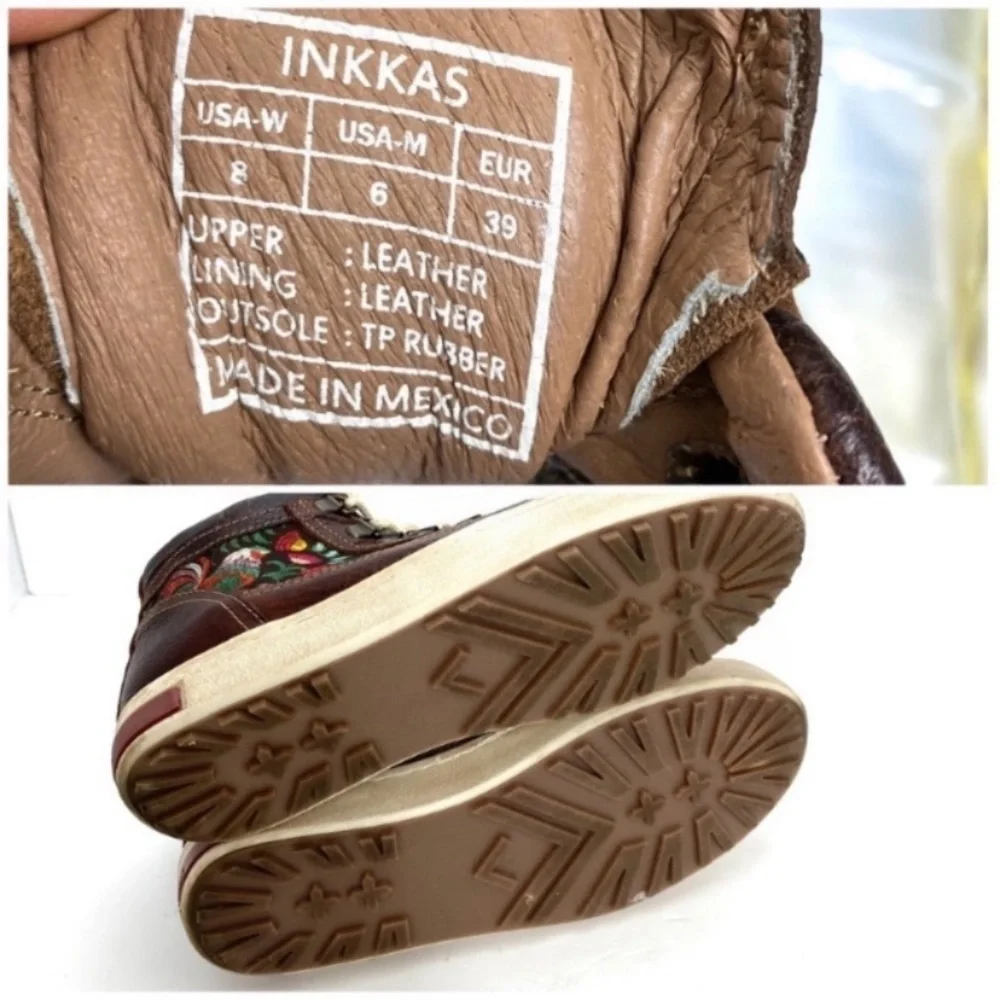 Inkkas Rooster Floral Camping Leather Hi Top Hiking Boot Sneakers Brown Size 8